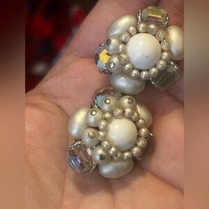 Vintage 1950’s Faux Pearl & Crystal Cluster Clip Earrings